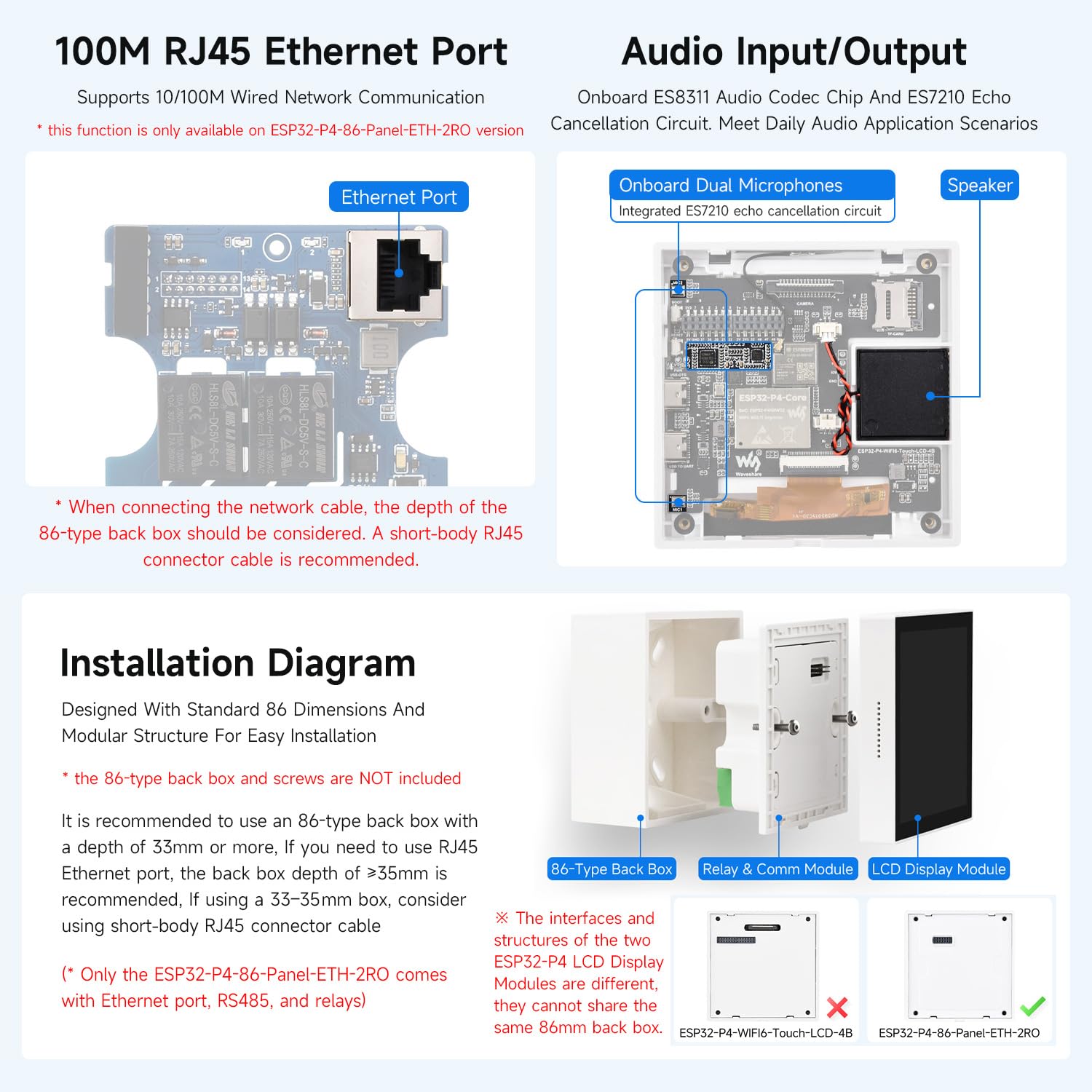 Waveshare ESP32-P4-WIFI6-Touch-LCD-4B(Support External Camera), ESP32-P4 Smart 86 Box, Dual-Core & Single-Core RISC-V, with 4inch 720x720 Pixel 5Point Touch LCD (Without Ethernet Port, RS485, Relays)