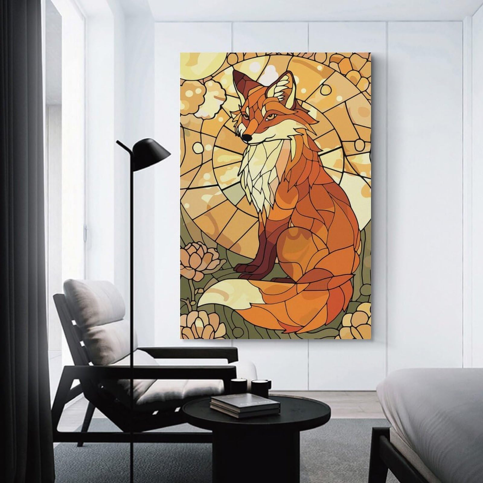Junmoney Stained Glass Fox with Floral Background Canvas Art Print 24x36inch(60x90cm), for Bedroom Decor, Cosy Corners Or Studios, An Easy Wall Refresh for Bedrooms