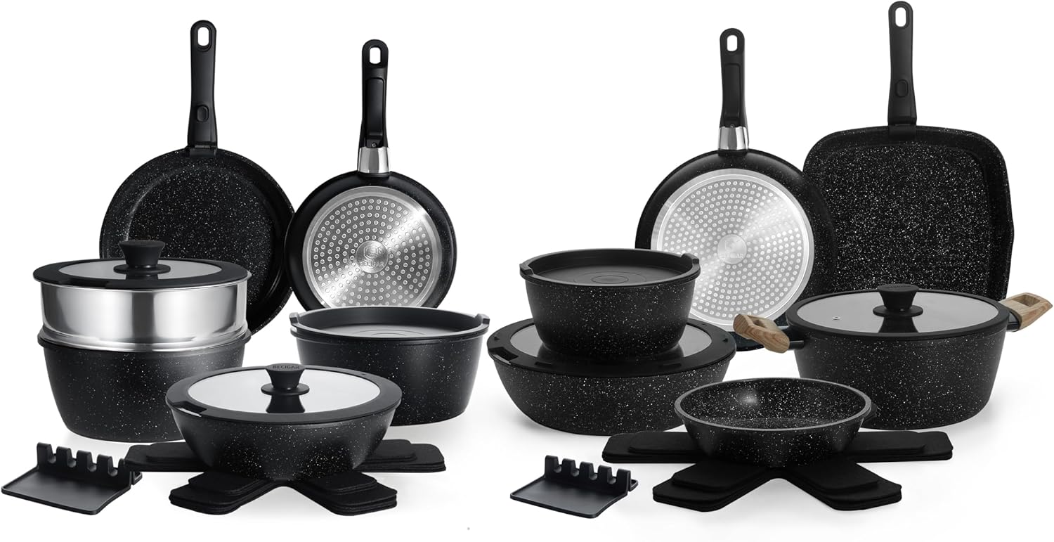 44pcs Ceramic Pots and Pans Set, Nonstick Detachable Handle Cookware, Induction Kitchen Cooking Set with Removable Handle,include Frying Pans & Saucepans Oven Safe(Black)