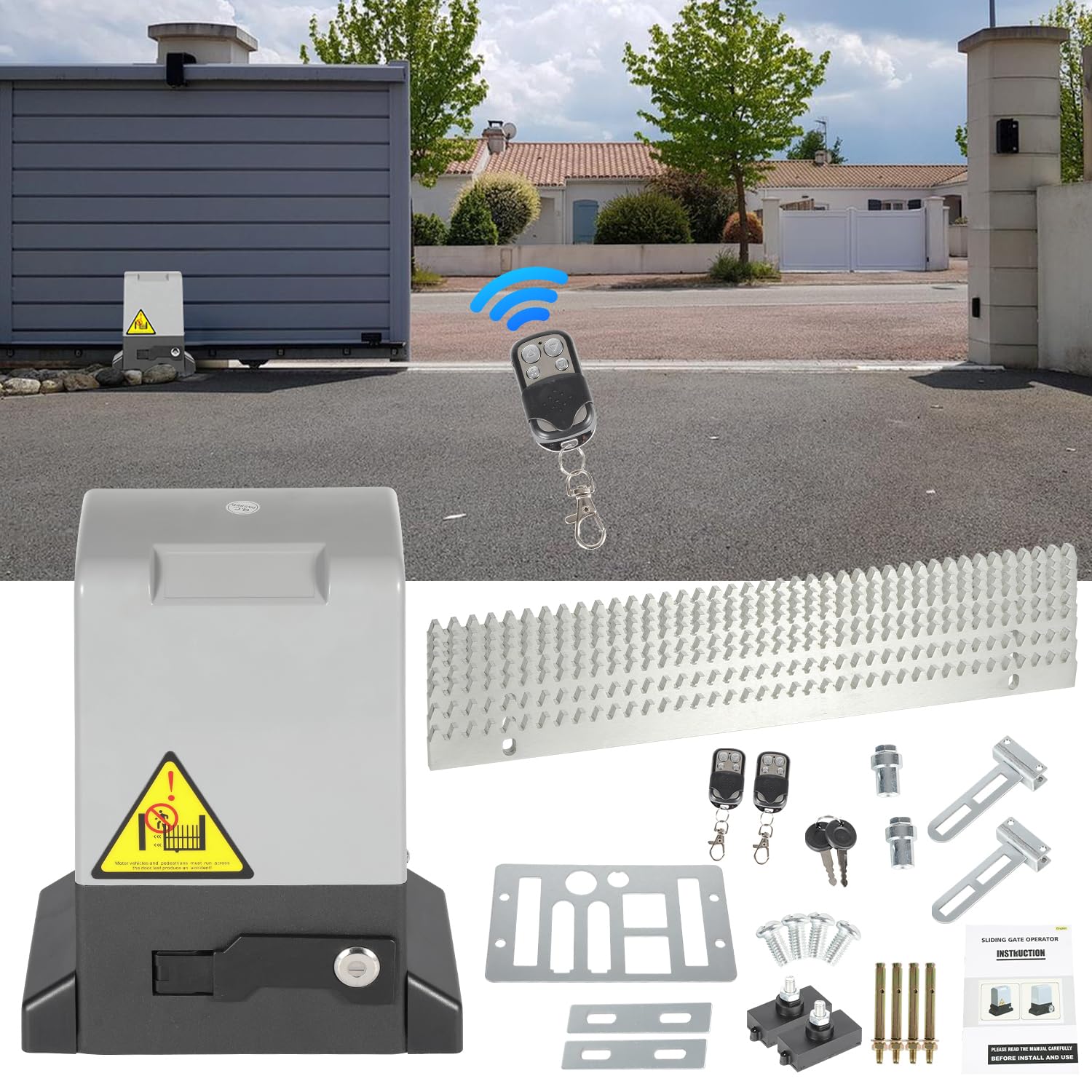 Yakimz Apri cancello scorrevole automatico fino a 1600 kg, 12 m, azionamento per cancello scorrevole, azionamento per porta del garage, con 2 telecomando