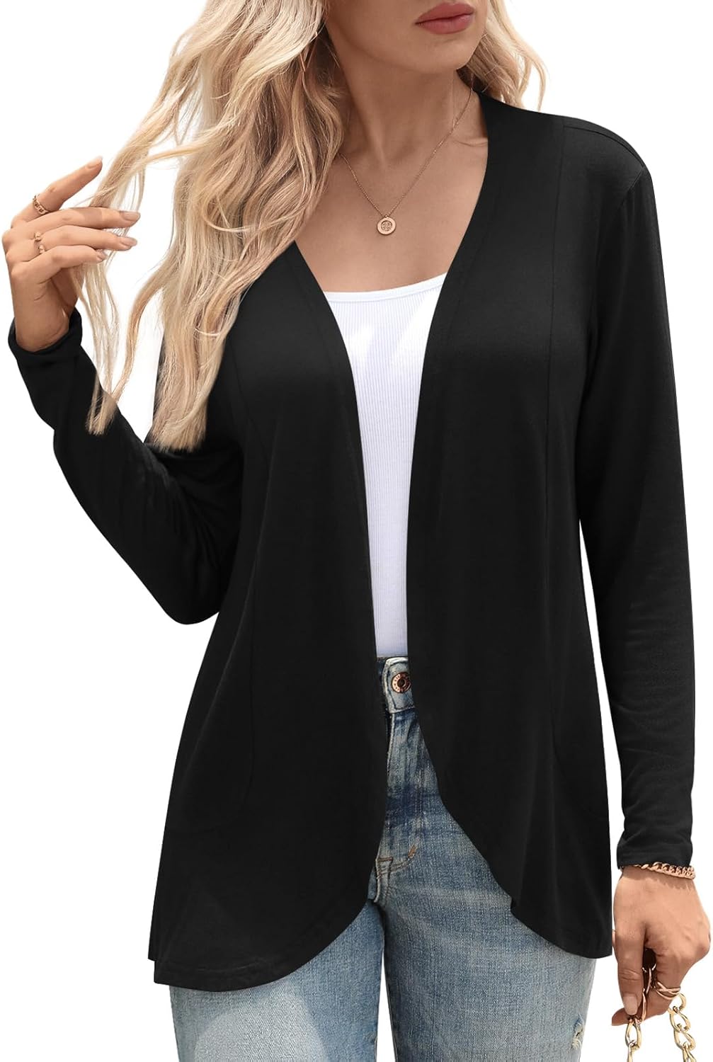Anymiss Womens Open Front Long Sleeve Cardigan - Lightweight Casual Draped Cover Up S-2XL - Image 2