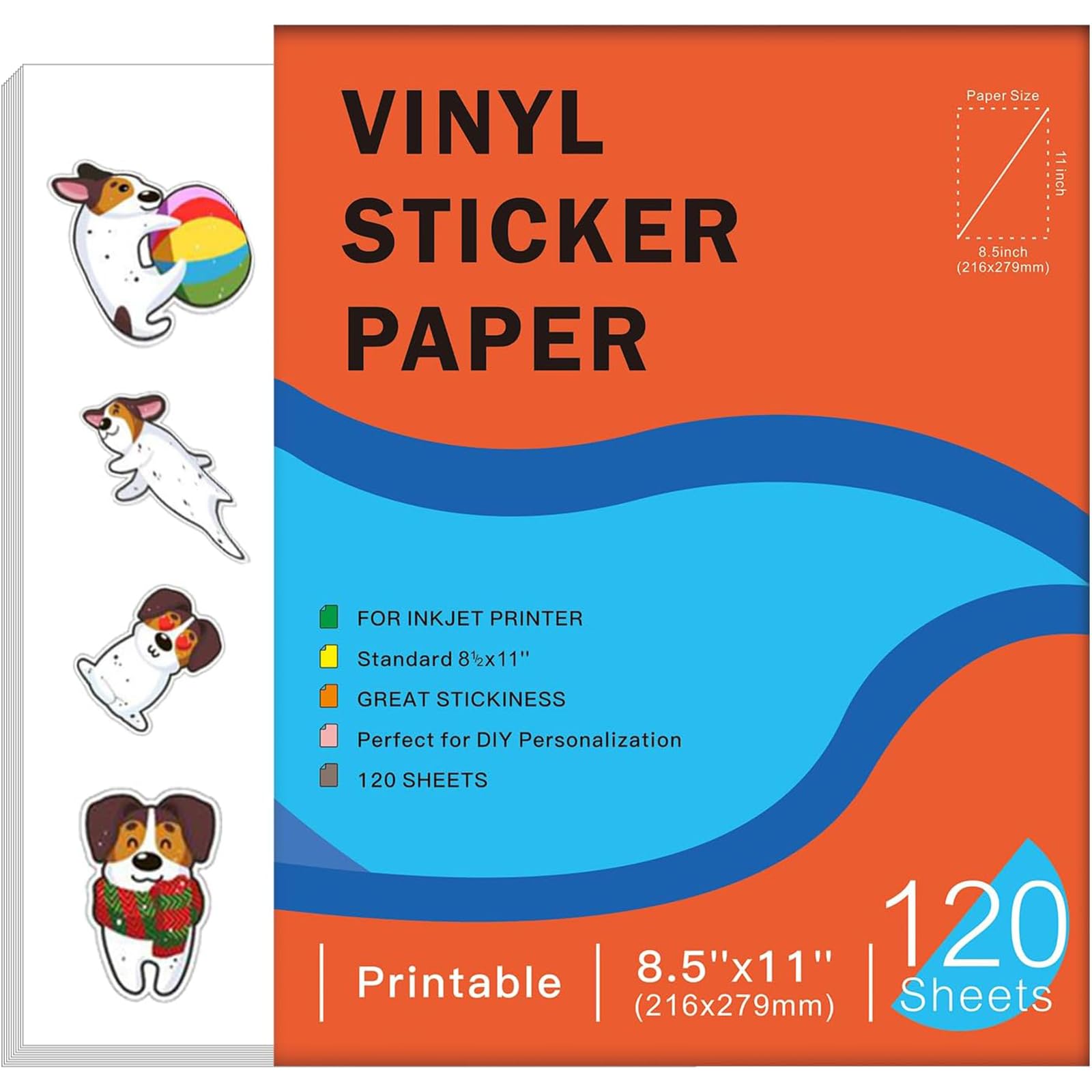120 Sheets Premium Printable Vinyl Sticker Paper for Inkjet Printers Glossy White 8.5x11 Inch Waterproof & Vibrant Colours Retains Ink Well Tear