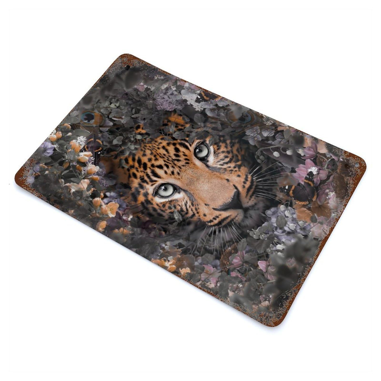 Distressed Metal Wall Sign Flowered Leopard 11.8"x7.9", Retro Wall Decor for Basement, Hobby Room And Garage Decor