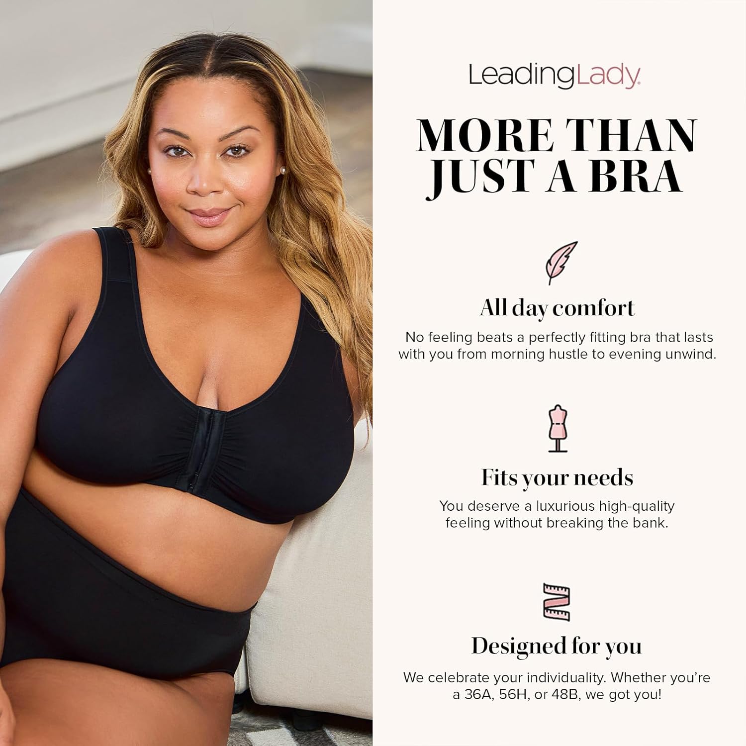 LEADING LADY, Laurel, Front-Closure Bra for Women, Seamless, Wireless, Full Coverage, Soft Padded Straps, Unlined, M-4XL - Image 3