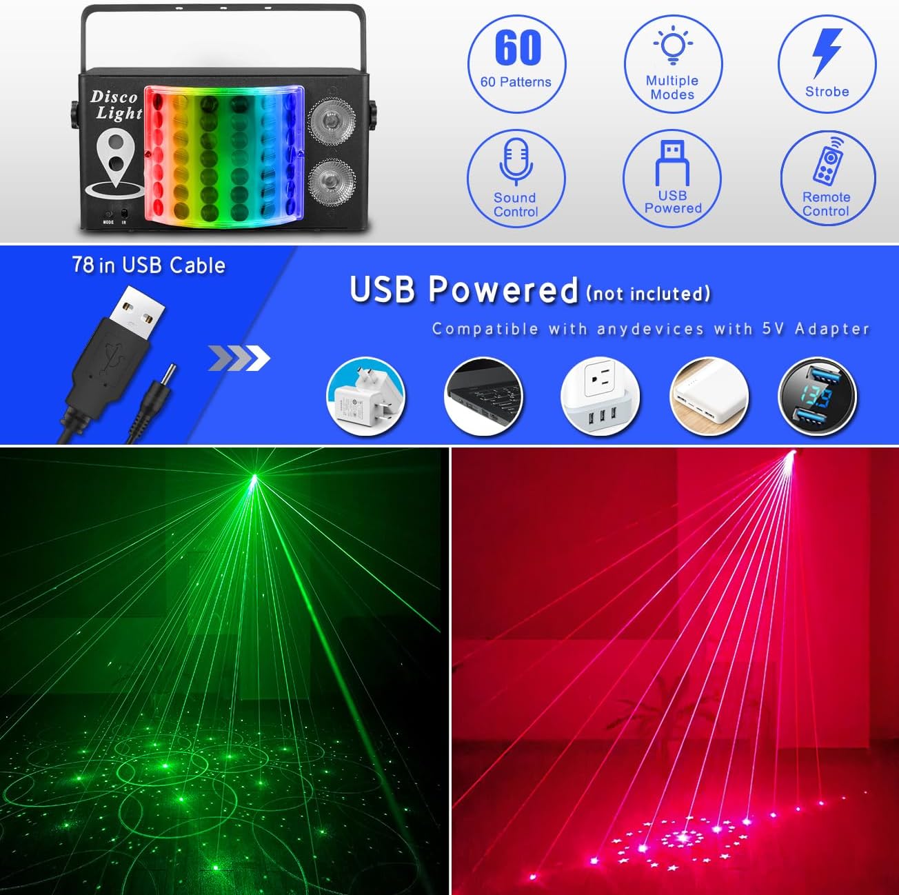 3-in-1 Disco Party Light: Dynamic Strobe, Speckle & Pattern Projector with Sound Activation & Remote Control for Home Stage Lighting Indoor or Outdoor DJ Parties & Easter & Spring Parties