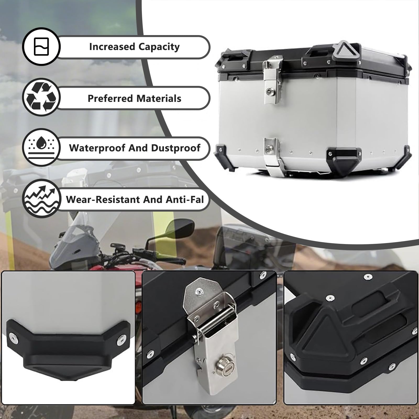 Baul Moto, Top Case Moto Aluminio Impermeable, Maletero Moto Universal, Baúl Moto con Cerradura De Seguridad, Respaldo Y Placa De Montaje, para Almacenamiento De Equipaje Y Casco,55L-SilverB