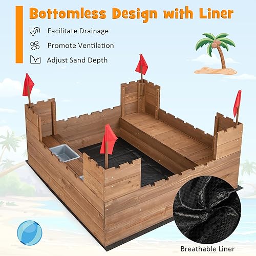 Miniatura 5 de Costzon Caja de arena para niños, pozo de arena de madera de cedro de 45 x 45 pulgadas con asientos de banco integrados, cajas de almacenamiento,