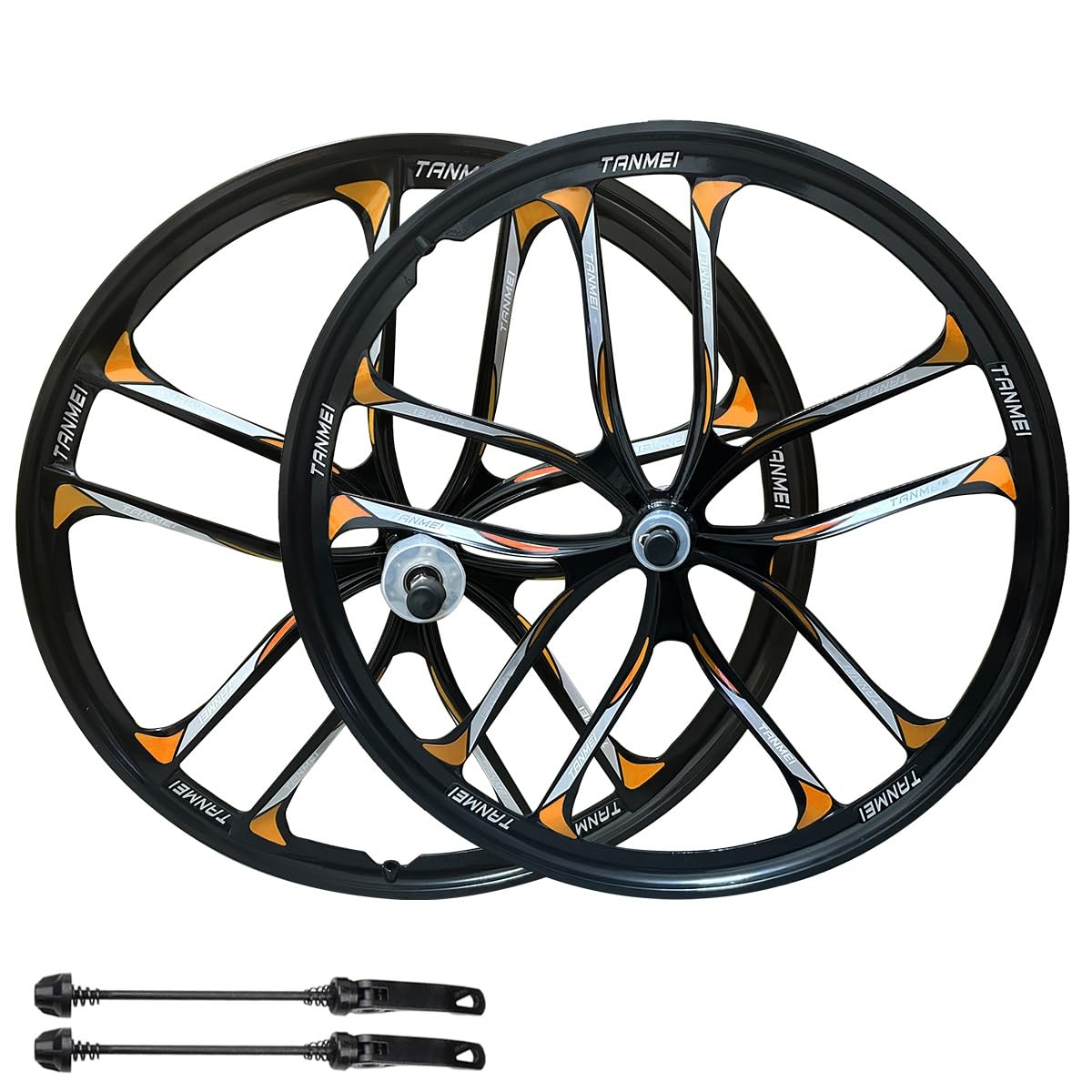 QUYCOIU Bike Wheel Set 24/26/27.5 Inch Magnesium Alloy One-Piece Bike Wheels 10 Spokes Rim Front & Rear 100x135mm For 6-9s Freewheel Quick Release Axles(Black-Orange,24in-Pair)