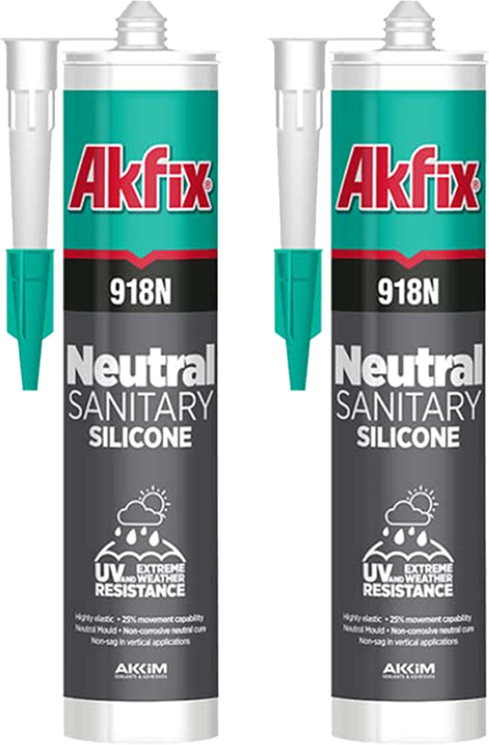 Akfix 918N White 100% Silicone Caulk for Kitchen and Bathroom (2x10.5 fl.oz.) - Solvent-Free, Low Odor, UV & Water Resistant, Fast Curing, Paintable, High Elasticity Silicone Sealant | White, 2 Pack
