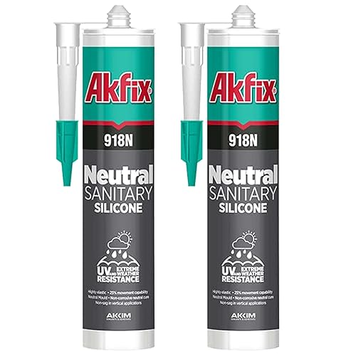 Akfix 918N - Sellador de silicona 100 % de secado neutro, calafateo blanco para baño y aplicaciones sanitarias, masilla selladora impermeable para