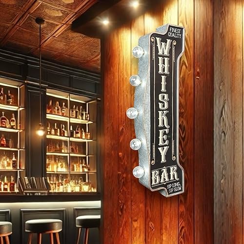 Miniatura 3 de Barra de whisky de doble cara de 25 pulgadas, funciona con pilas, letrero LED de metal galvanizado inspirado en la vendimia, decoración de pared