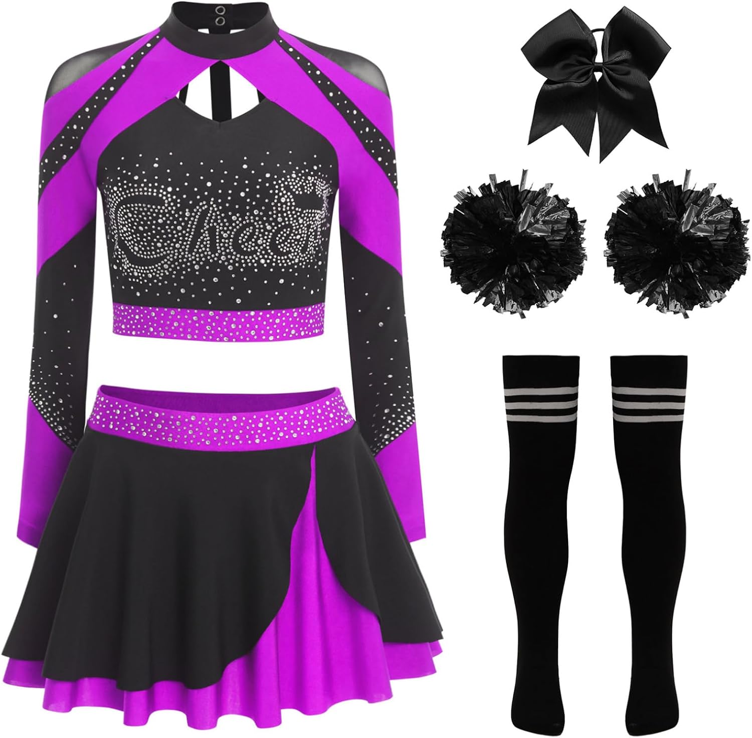 Womens Cheerleading Uniform Shiny Rhinestone Crop Top With Skirt Flower Balls Socks Bow Hairband