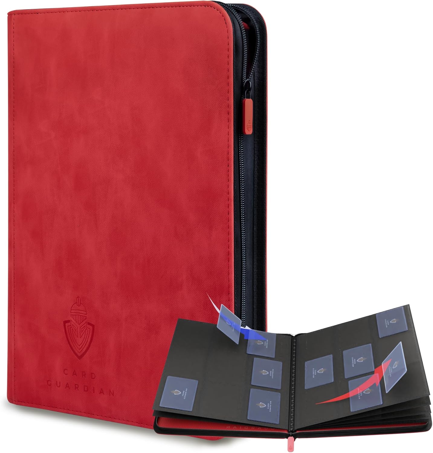 Card Guardian - 9 Pocket Premium Binder with Zipper for 504 Cards - Side Loading Pockets for Trading Card Games TCG (Red)