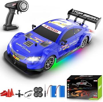 1/16 RC Drift Car, 2.4GHz 4WD Remote Control Drift Car, 30+KM/H High Speed Drift RC Cars with LED Lights 2 Batteries and Drift Tires Race Cars for Adults Boys Kids, Blue