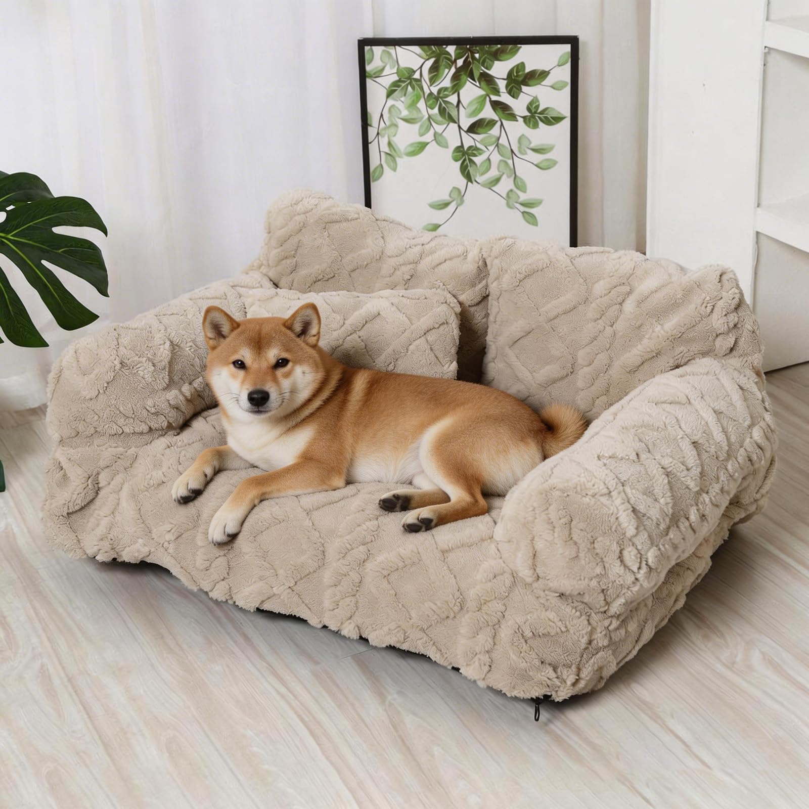 Plush Calming Pet Sofa Bed with Removable Cover – Anxiety Relief, Machine Washable & Super Soft, Non-Slip Bottom & Neck Support – Calming Fluffy Puppy Sofa for Dogs & Indoor Cats (#A,80*50*32cm)