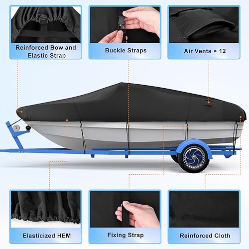 Miniatura 4 de Cubierta de lancha de grado marino 600D resistente, cubierta impermeable para lancha remolcable de 14 a 16 pies, anti-UV y resistente al viento,