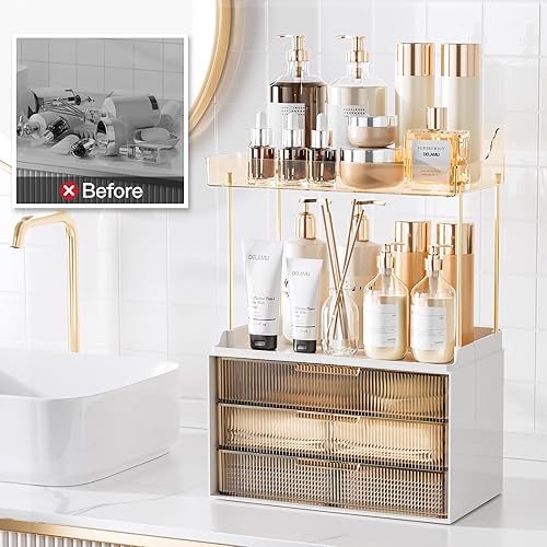 Vista 33 de Delamu Organizador y almacenamiento de baño, 2 niveles y 2 cajones, organizador de maquillaje, fácil de instalar, ideal para encimera de baño