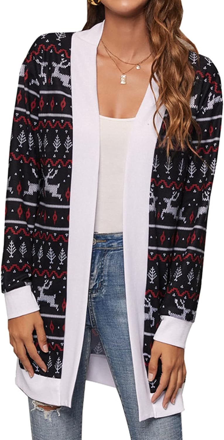 Lu's Chic Women's Cardigan Long Sleeve Sweater Knit Coat Christmas Knitwear Open Front Cute