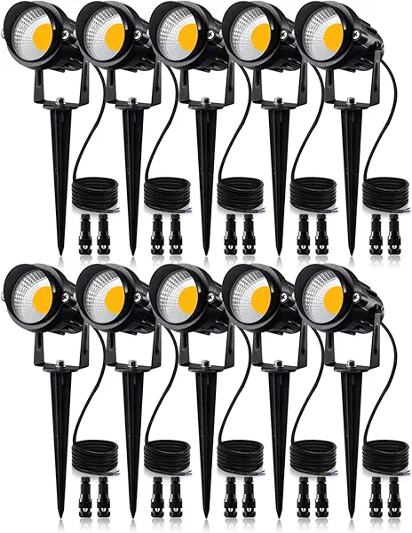 SUNVIE 12W Low Voltage LED Landscape Lights with Connectors, Outdoor 12V Super Warm White (900LM) Waterproof Garden Pathway Lights Wall Tree Flag Spotlights with Spike Stand (10 Pack with Connector)