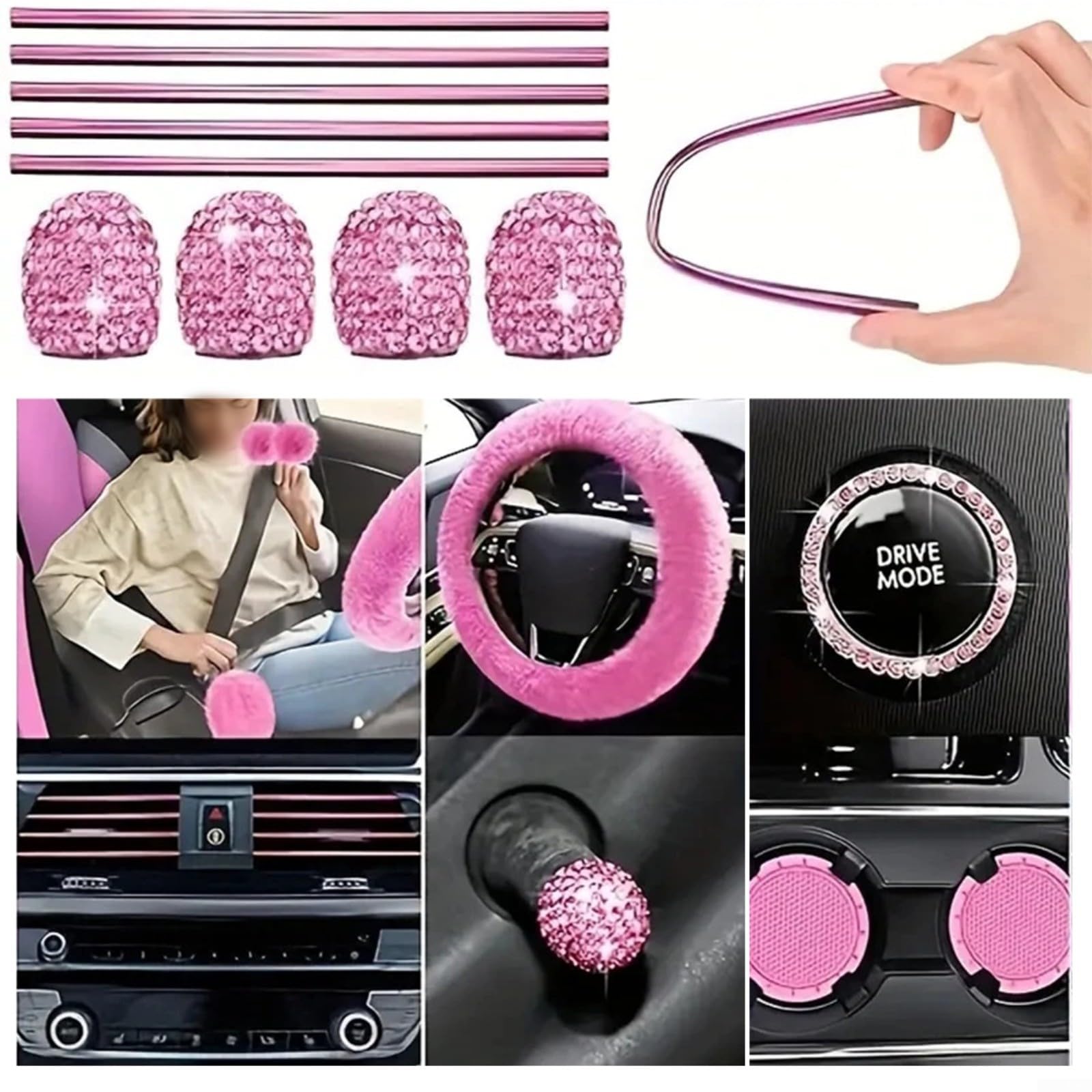 Set di 45 coprivolanti per auto in peluche per sedile e volante, accessori interni in morbida finta lana, facili da installare per la maggior parte dei veicoli (rosa)