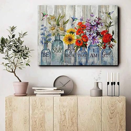 Miniatura 7 de Arte de pared con diseño de flores en jarrón, diseño rústico de granja, lienzo floral, decoración de pared con texto en inglés Be Still and Know