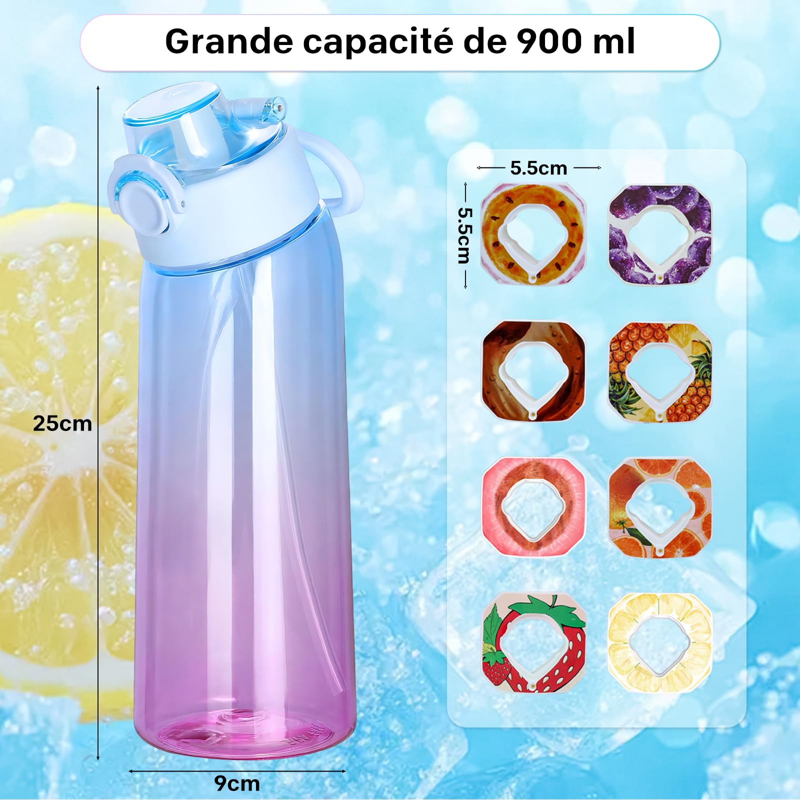 Air Gourde Up 900 Ml – Bouteille Tritan Sans BPA, Paille Avec 8 Dosettes De Saveurs, Couvercle à Verrou, Ouverture Une Touche (Noir Givré)