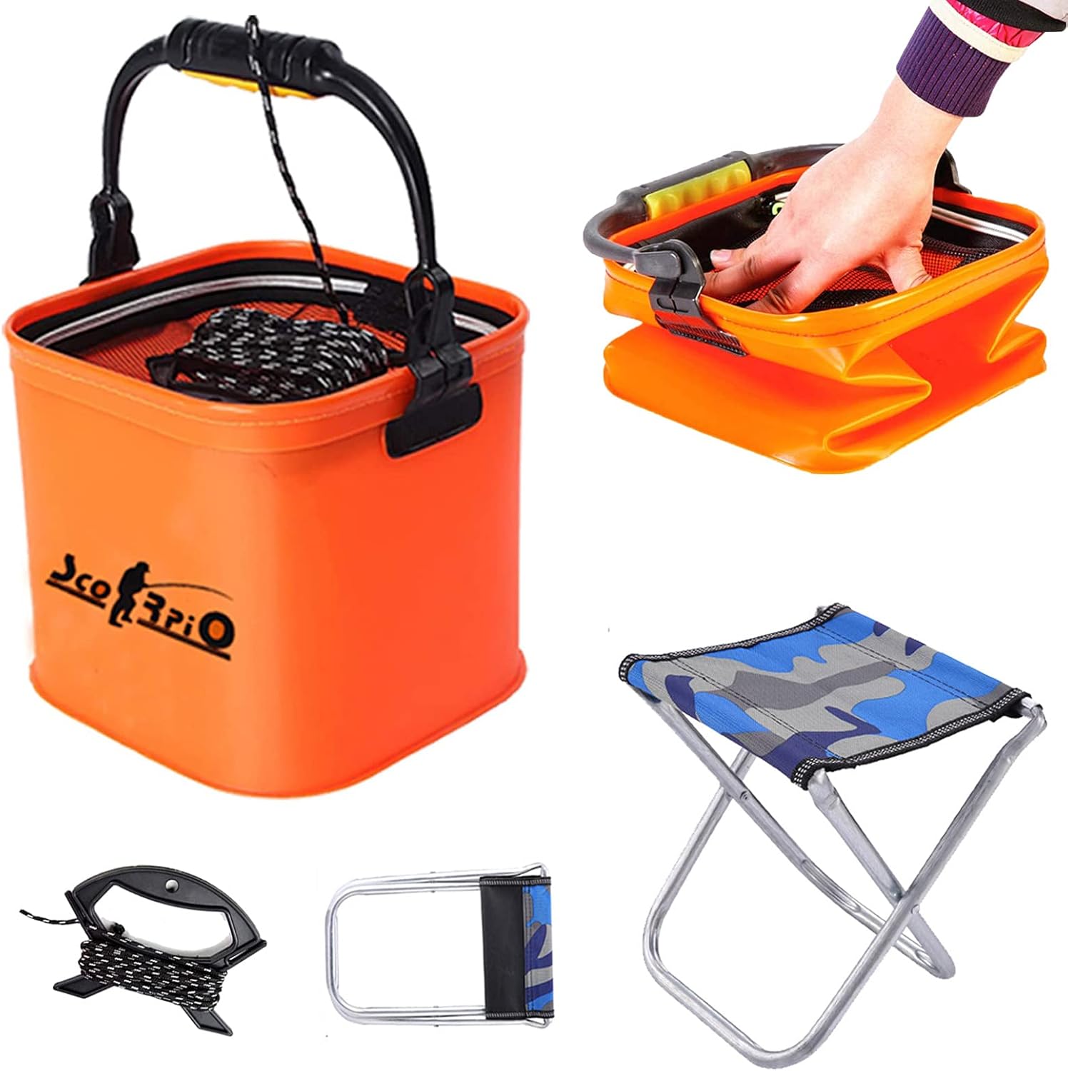 Collapsible Fishing Bucket Portable Outdoor Camping Stool Folding, Live