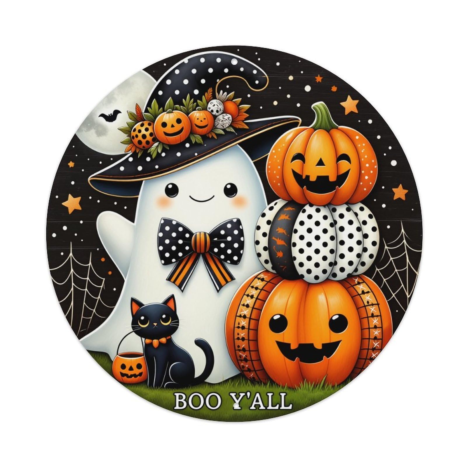 Ghost Witch Cat Pumpkins Stars Vintage Round Tin Sign Retro Metal Wall Decor Metal Poster, Home Bar Garage Cafe Wall Art Decoration 8x8Inches