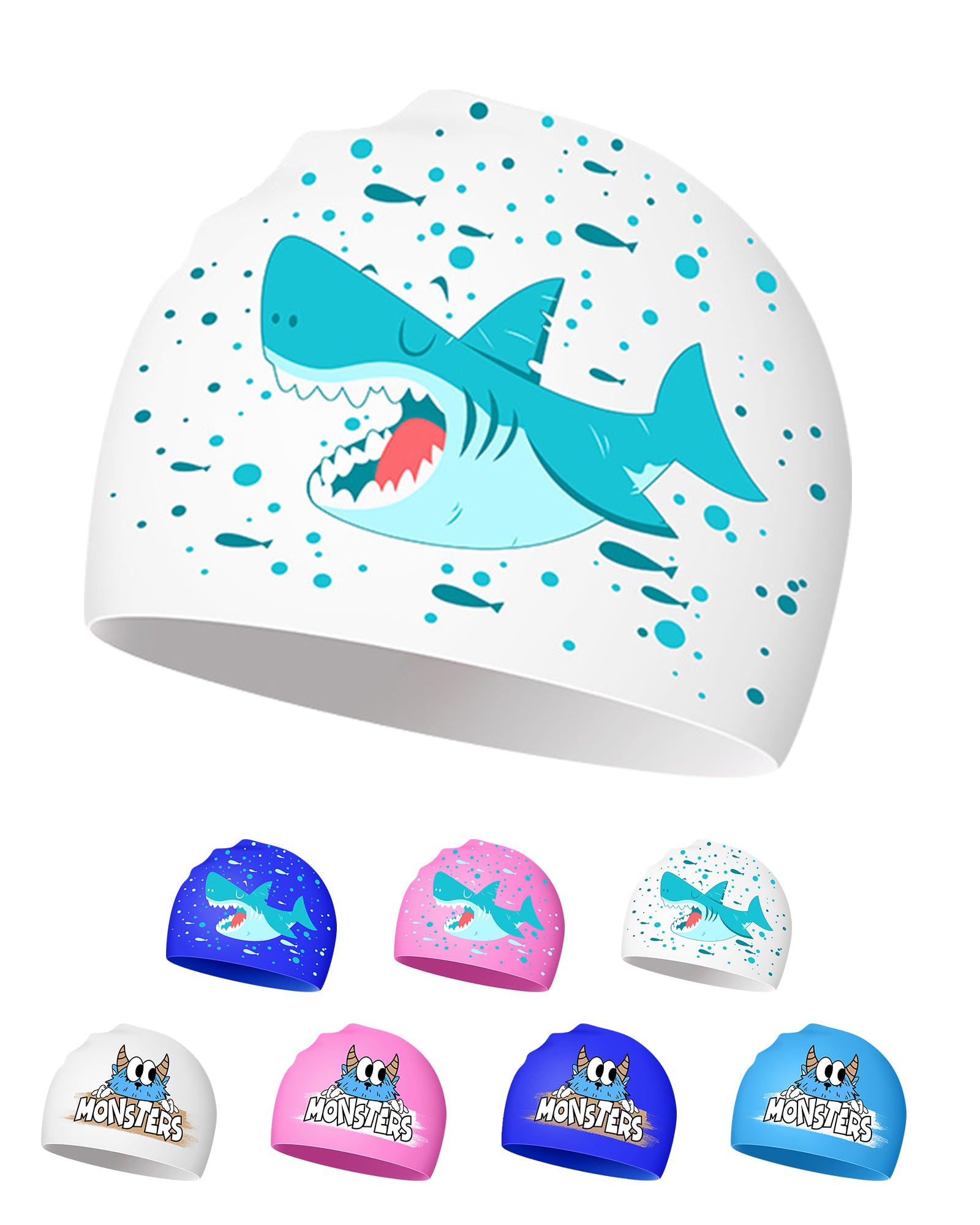 Kids Swimming Cap for 4-12 Years - Waterproof, Silicone, Adorable Design, Non-Slip (White shark)