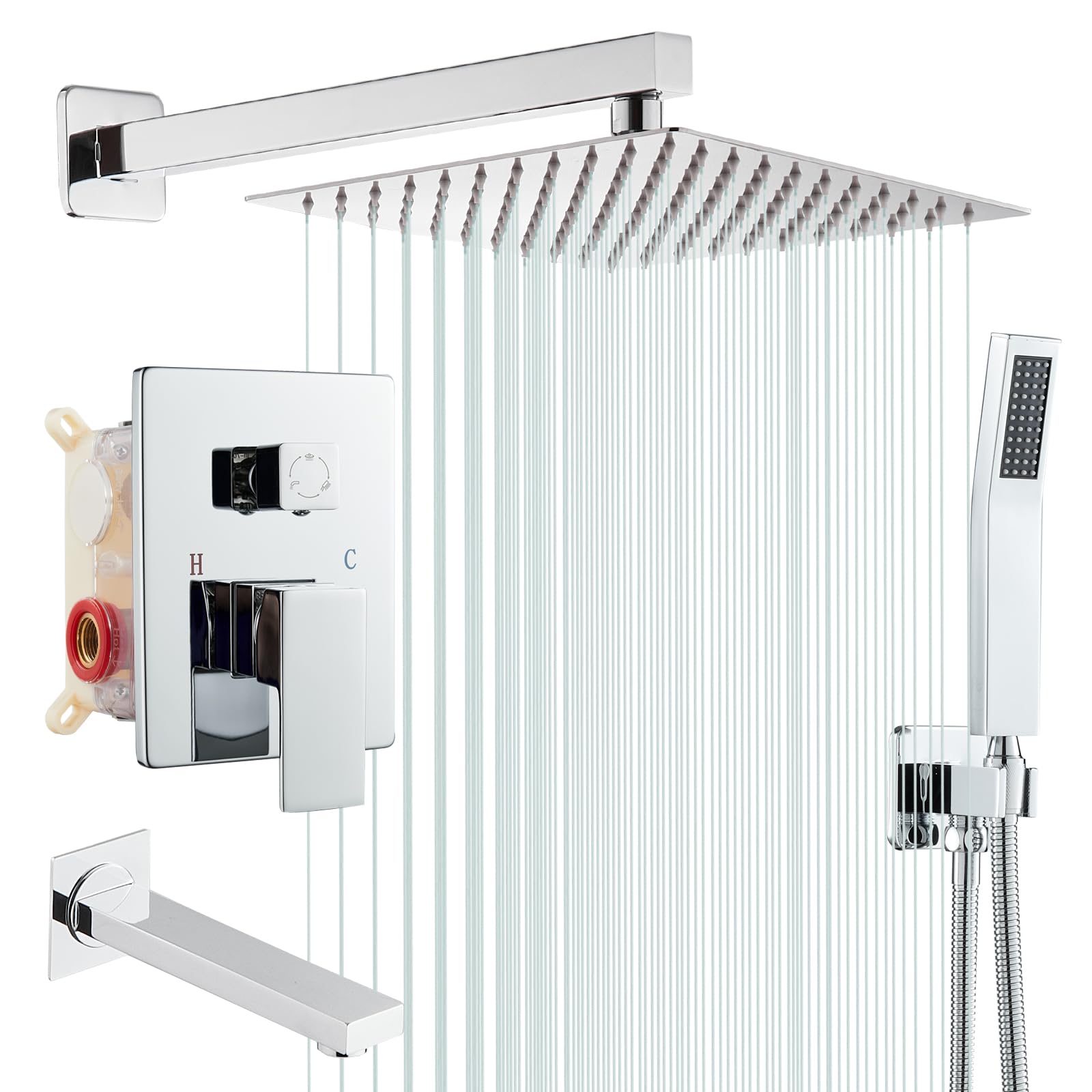 ROVOGO 30x30cm Chrom Unterputz Duscharmatur Set Duschkopf Eckig, Duscharmaturen Komplettset mit Wanneneinlauf und Handbrause aus Edelstahl 304, Ganzmetall Duschsystem Duschset Regendusche mit Armatur