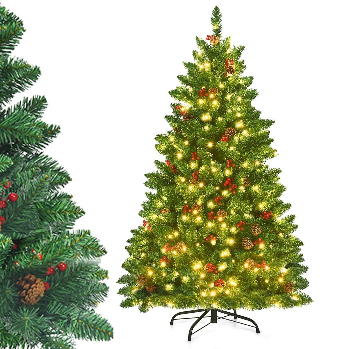 COSTWAY Albero di Natale 135/195 cm, Albero di Natale con 300/450 Luci Incorporate Bianco Caldo, 516/1100 Rami, 32/56 Pigne e 32/56 Bacche Rosse e Base in Metallo, Verde (135cm)