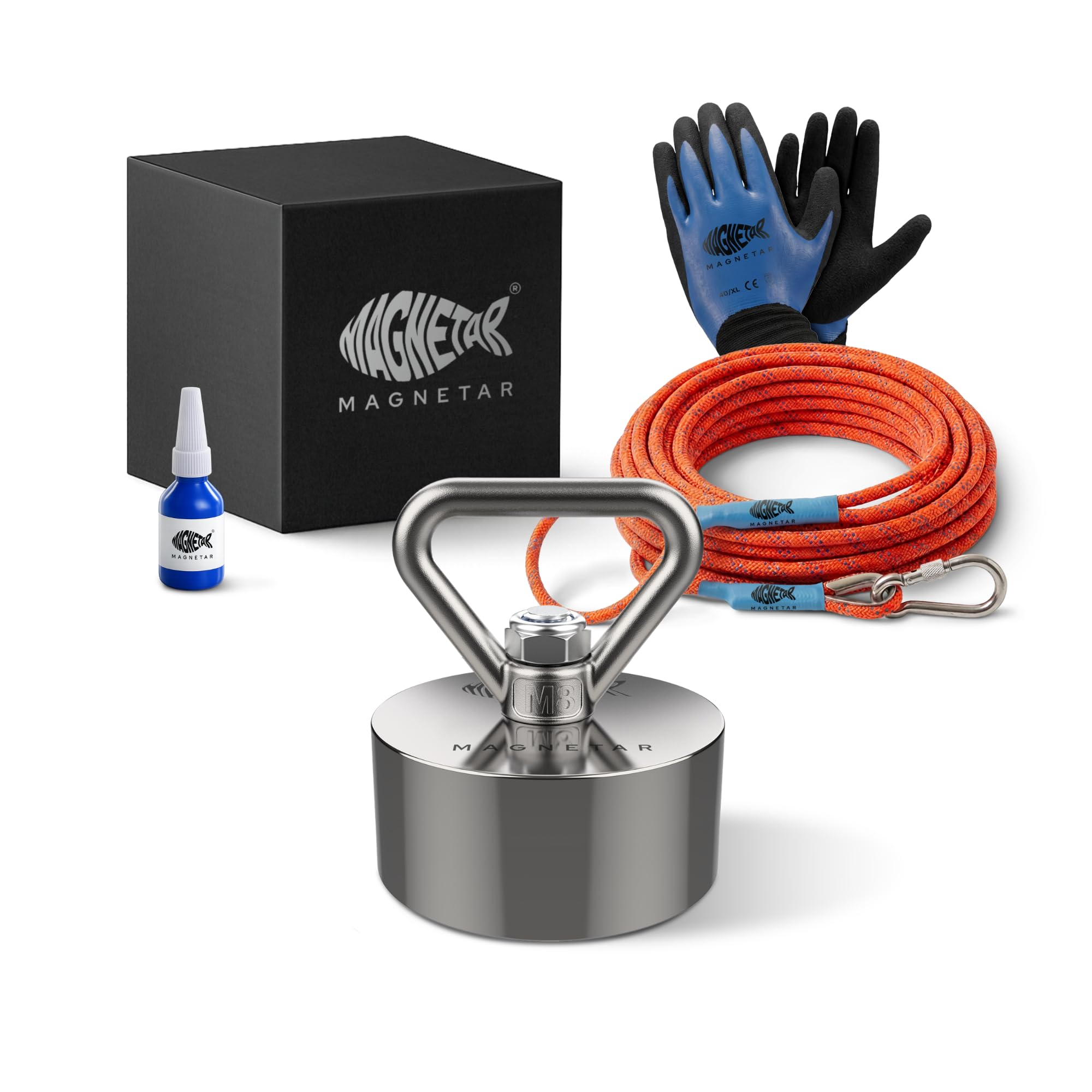 Magnetar - Magnetfischen Set - Allround 280kg Bergemagnet - Magnetangel Paket mit Haken/Seil/Handschuhen/Schutzhülle/Kleber - 360 Angelmagnet zum Magnet fischen