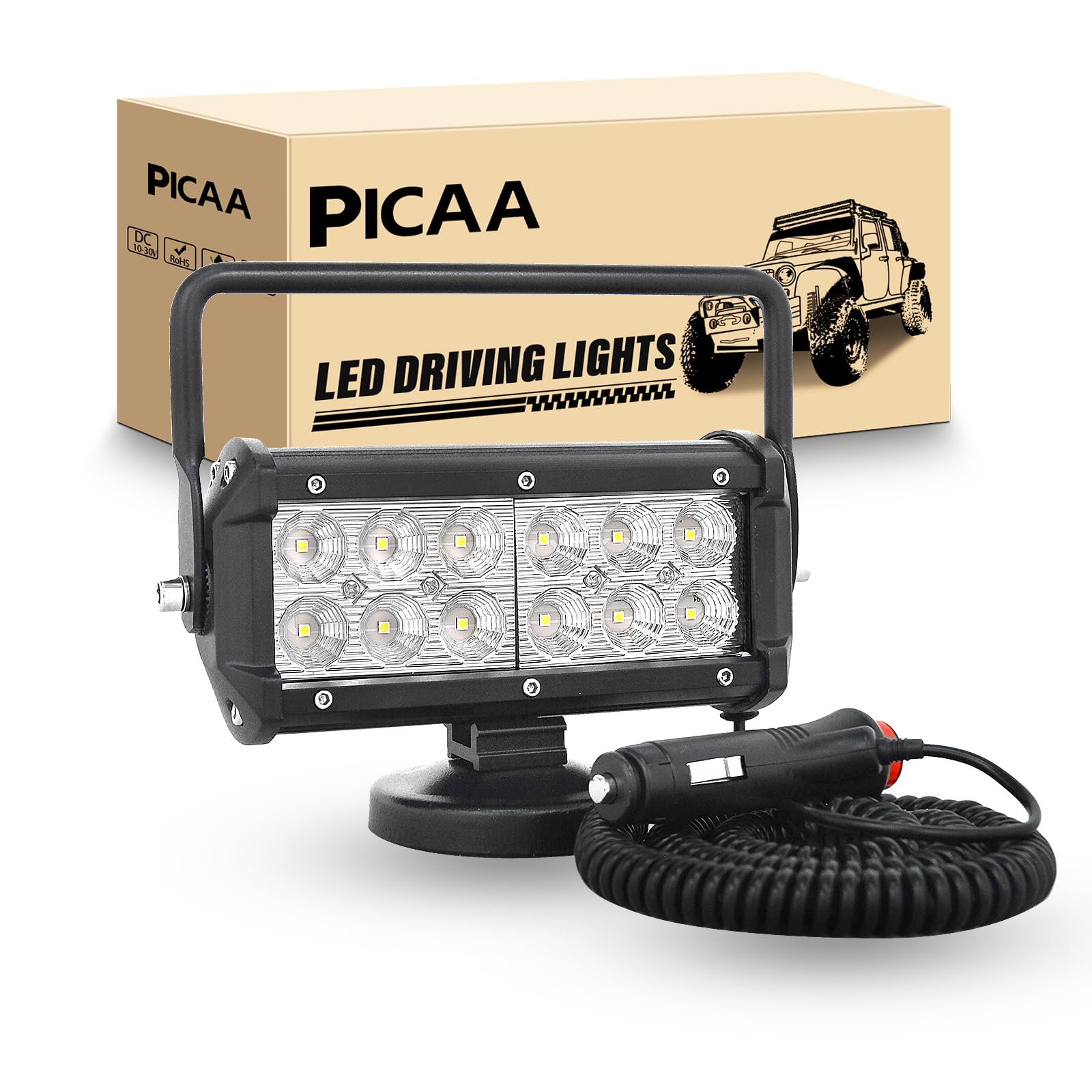 PICAA 1PCS 7 inch 36W Magnet Round Led Work Light Flood Beam Portable Magnetic Base Portable 12V 24V 6000K LED Driving Light Search Lights for Car Off road Truck 4x4 SUV ATV Tractors
