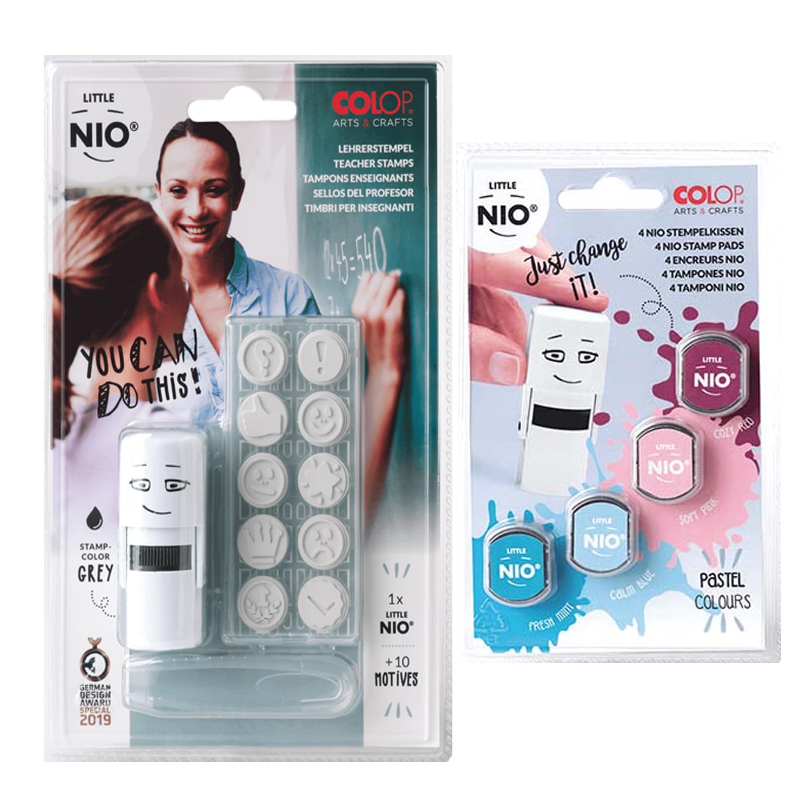 COLOP Stamp Set Little NIO School & Teacher, with Stamp, Grey Ink pad and 10 Different Motifs, Including Replacement Stamp Set "Pastel Colours", 4 Interchangeable Ink Pads