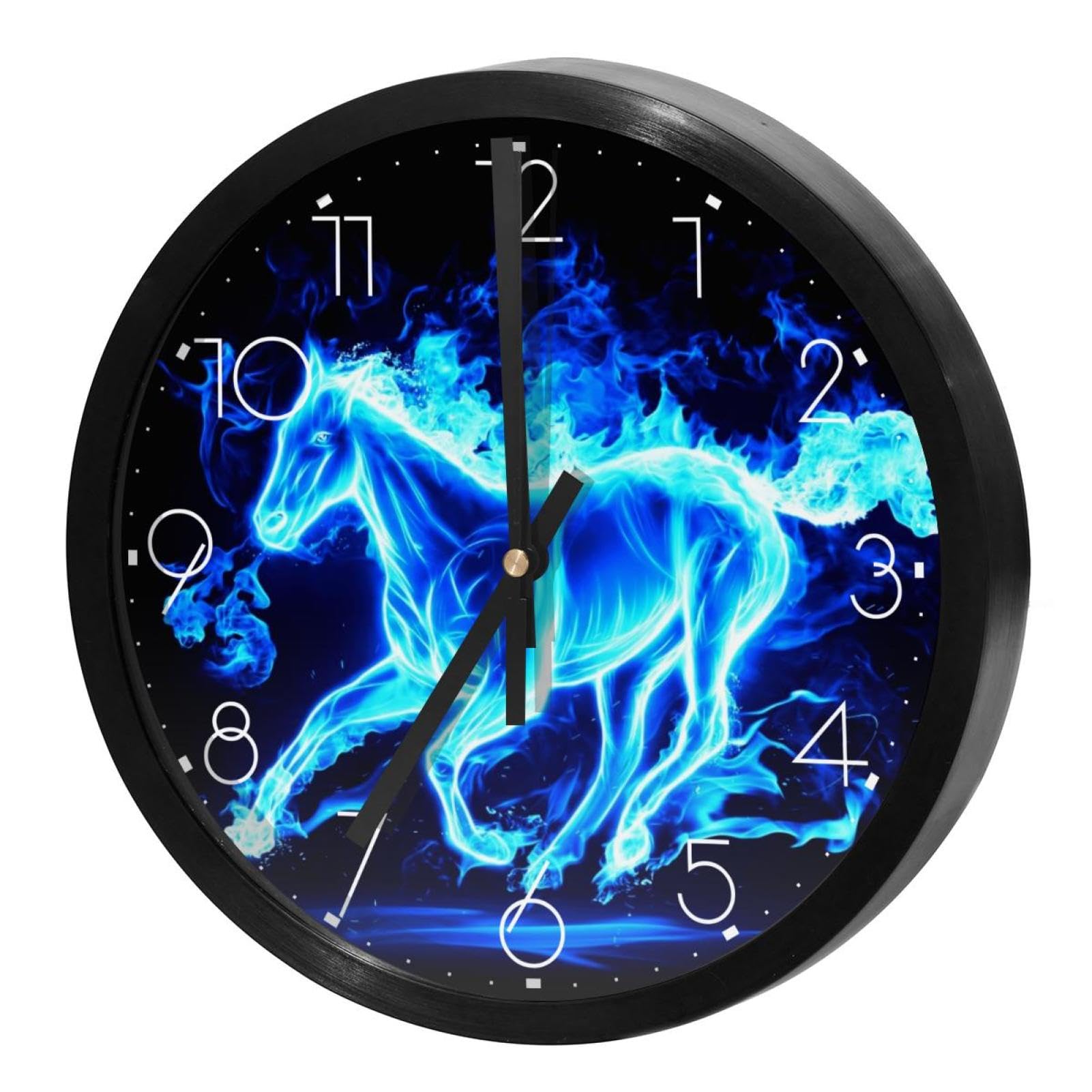 Horloge murale ronde silencieuse pour cuisine et bureau motif cheval de feu bleu