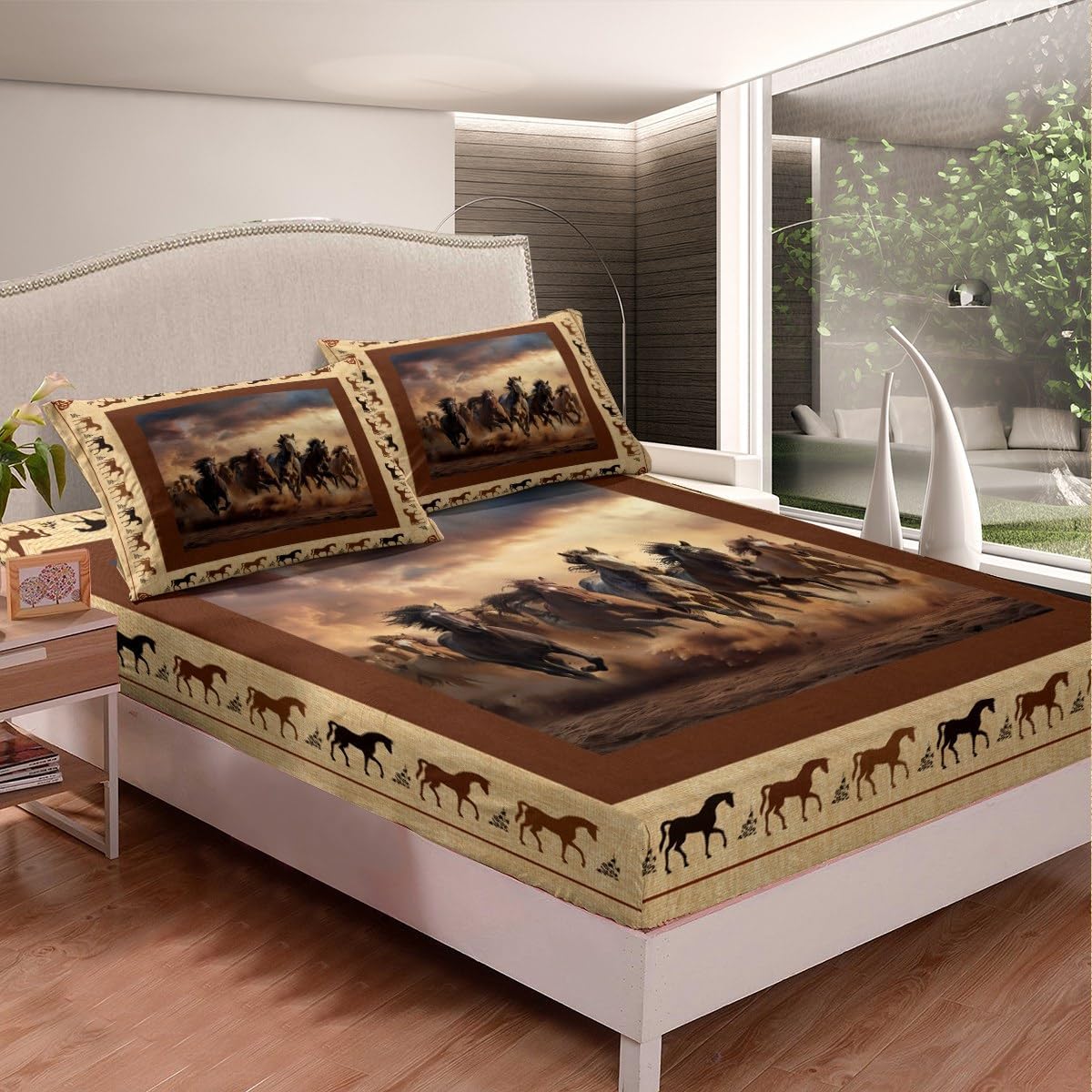 Feelyou Horse Sheet Set Queen Size Galloping Horse Sheets with Deep Pocket Fitted Sheet for Boys Kids Teens Western Decor Cute Animal Bed Sheets Set Kawaii Farm Cowboy Brown Bedding Set Room Decor