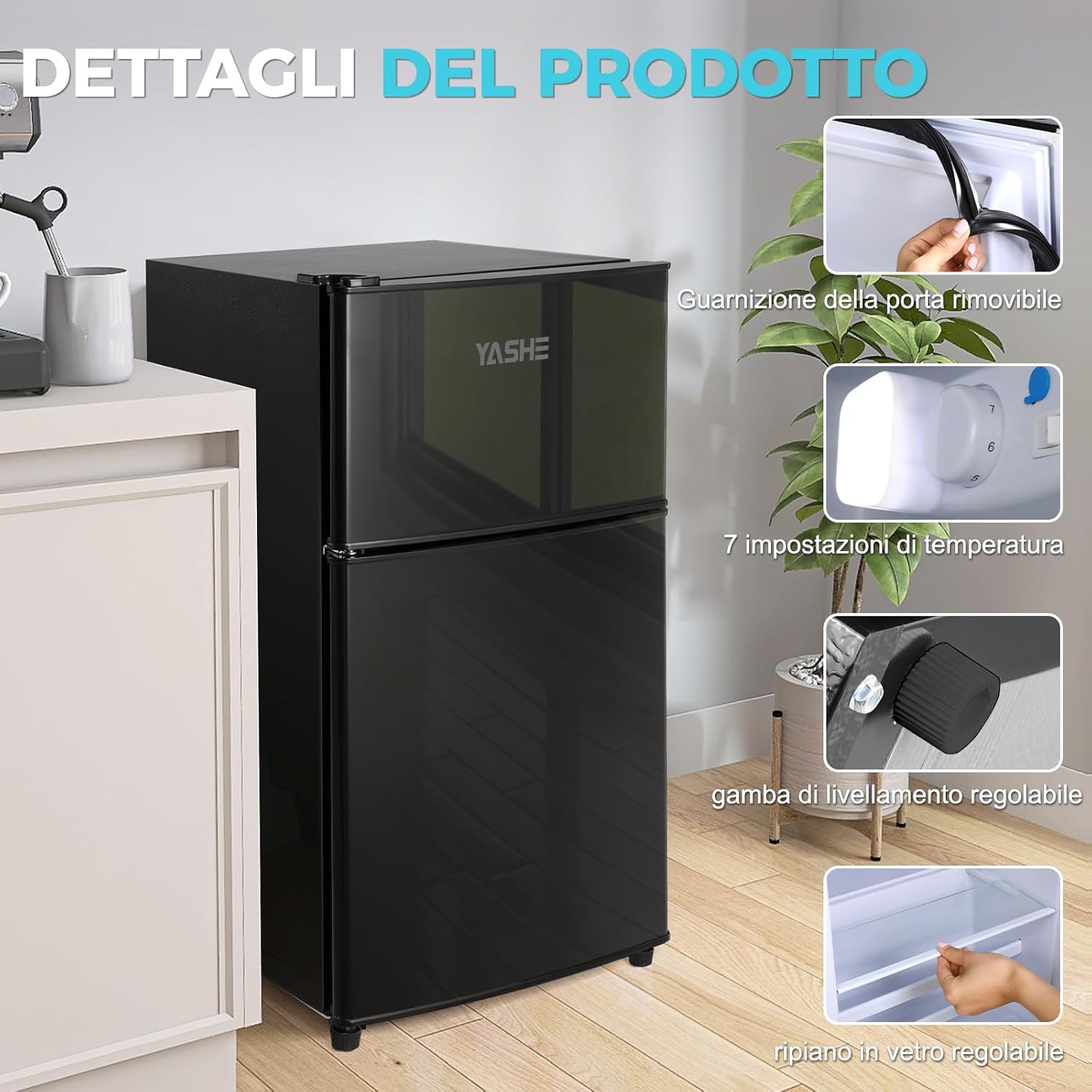 Close-up showing the adjustable leveling foot of the YASHE BCD-86 mini fridge.