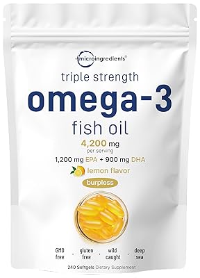 Micro Ingredients Triple Strength Omega 3 Fish Oil Supplements 4200mg Per Serving, 240 Softgels – Lemon Flavored – Burpless | EPA 1200mg + DHA 900mg | Deep Sea Fish