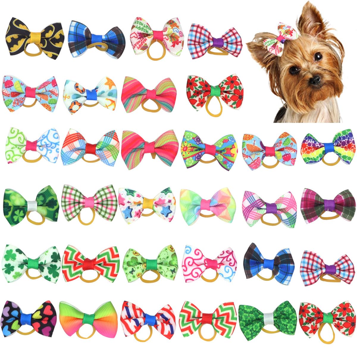 Petunny Cute Puppy Plaid Bows with Rubber Bands, 30Pcs Dog Grooming Accessories for Halloween, Thanksgiving, Christmas (Random Color)