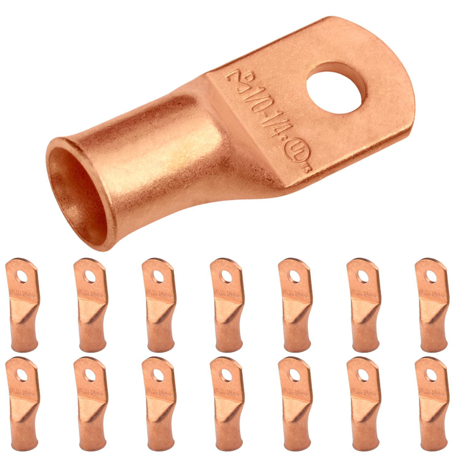 SELTERM 1/0 AWG (50 mm²) - 1/4" (M6) ⌀ Hole UL Heavy Duty Wire Lugs, Battery Cable Ends, Bare Copper Eyelets, Tubular Ring Terminal Connectors [B63] - 15 Pack — image 1