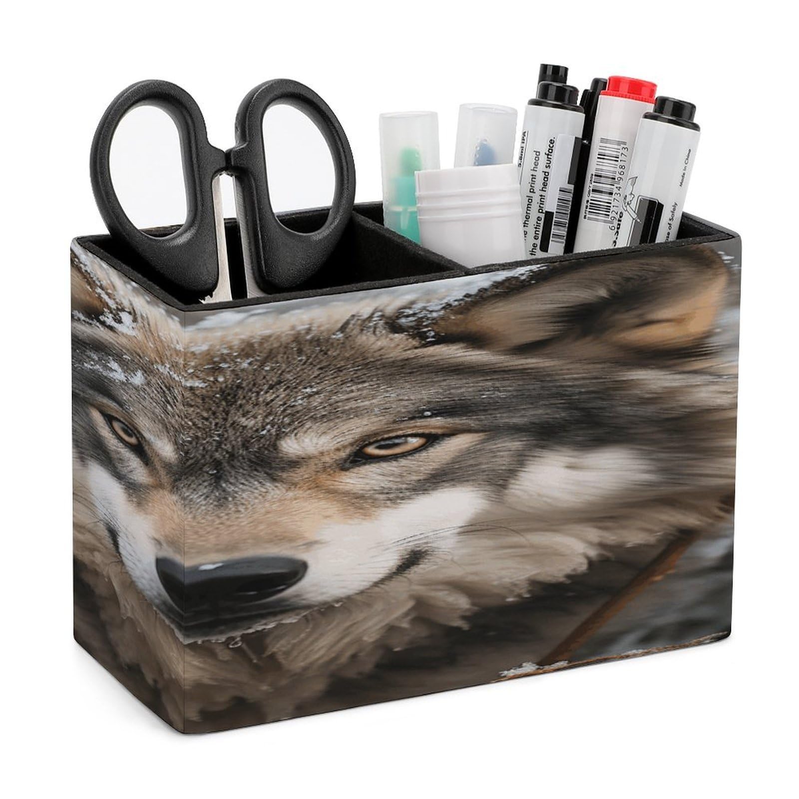 VstaDank Lmage of Wolf in The Snow Pencil Holder for Desk Organizer 2 Compartments Pen Cup Leather Square Pen Holder Pencil Cup Stand Makeup Brush Holders for Desktop Organizer Storage Case