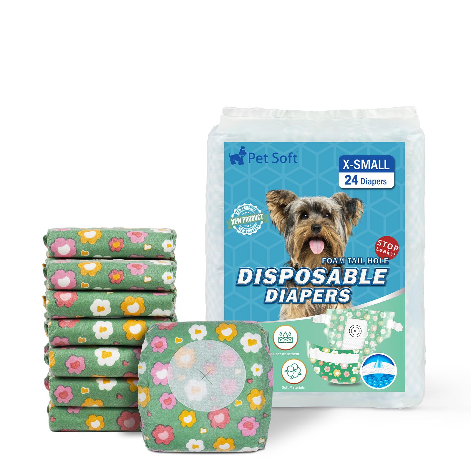 Pet Soft Dog Nappies Female, 24 Count Super Absorbent Disposable Dog Diapers for Female Doggy Puppy Cat with Adjustable Tail Hole