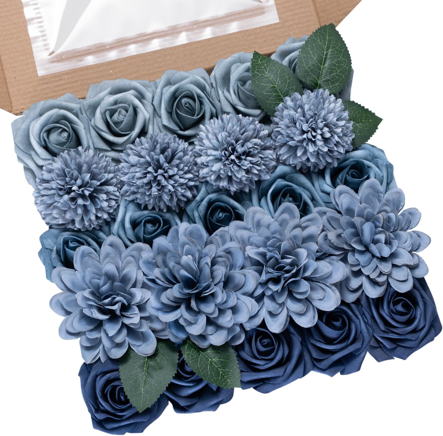 Dusty Blue Flower Artificial Roses Faux Flowers with Stems Mix Fake Roses Dahlia Chrysanthemum Ball for Wedding Bridal Bouquets, Table Centerpieces, Baby Shower, Party, Home Decorations