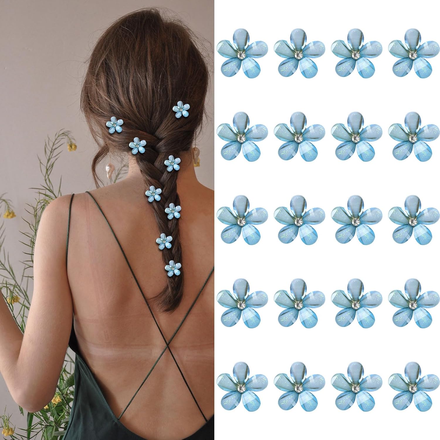 YISSION Mini Rhinestone Hair Clips - Fancy Flower Hair Claws, Cute Barrettes in Blue for Girls and Women Hair Accessories