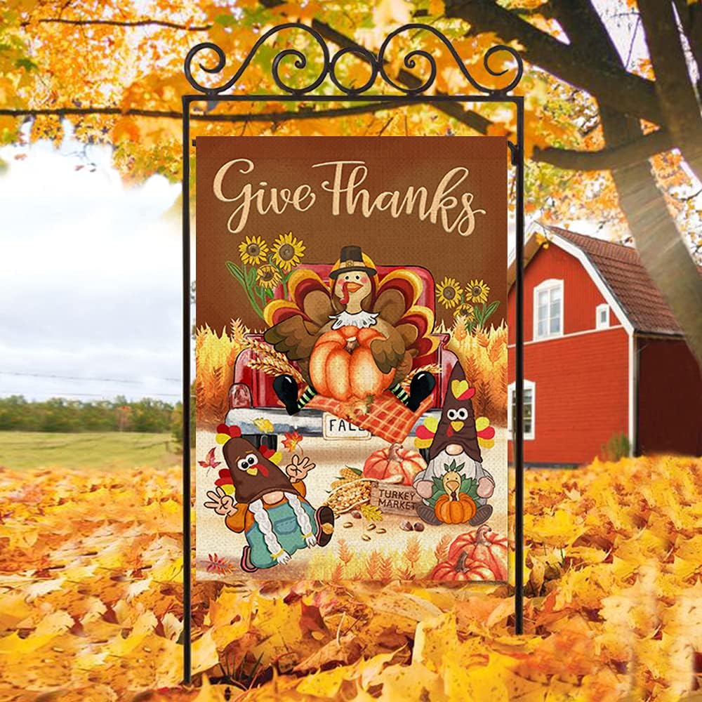 Bonsai Tree Thanksgiving Flags 28x40 Double Sided, Turkey Gnomes Pumpkins Burlap House Flag, Give Thanks Sunflowers Truck Welcome Decorative Banners Signs for Home Garden Yard Lawn Fall Decor Outside