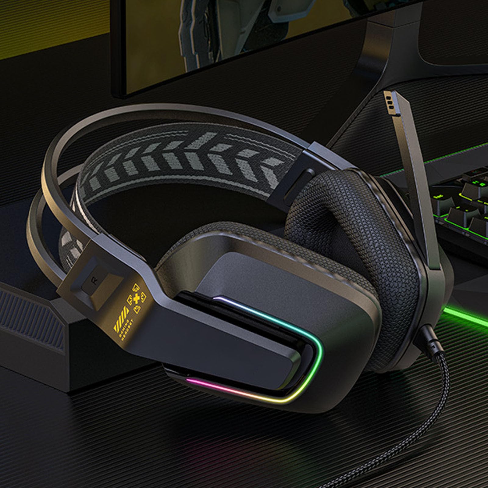 Pilipane Przewodowy zestaw słuchawkowy gamingowy z miękką pianką z pamięcią kształtu, regulowana opaska na czoło do PC, laptopa, konsoli do gier, USB 3,5 mm, wtyczka Jack i Play (czarny)