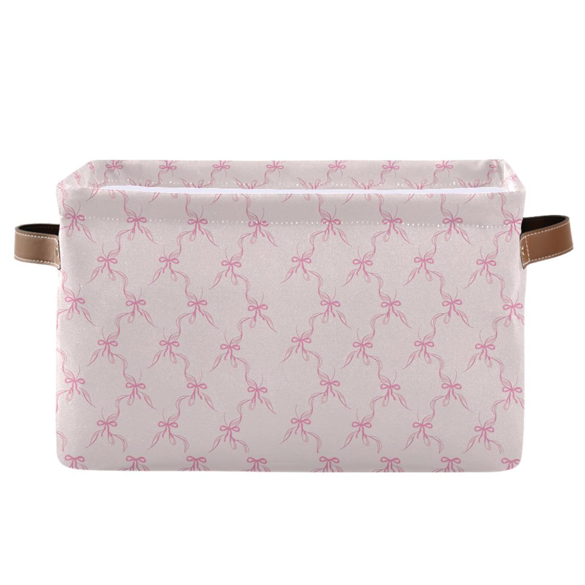 Wamika Pink Bowknot Storage Basket with Waterproof Liner and PU Handles Bow Coquette Storage Bins Boxes 14.2" Collapsible Decorative Organizer Baskets for Bedroom Closet Office 1 Pack