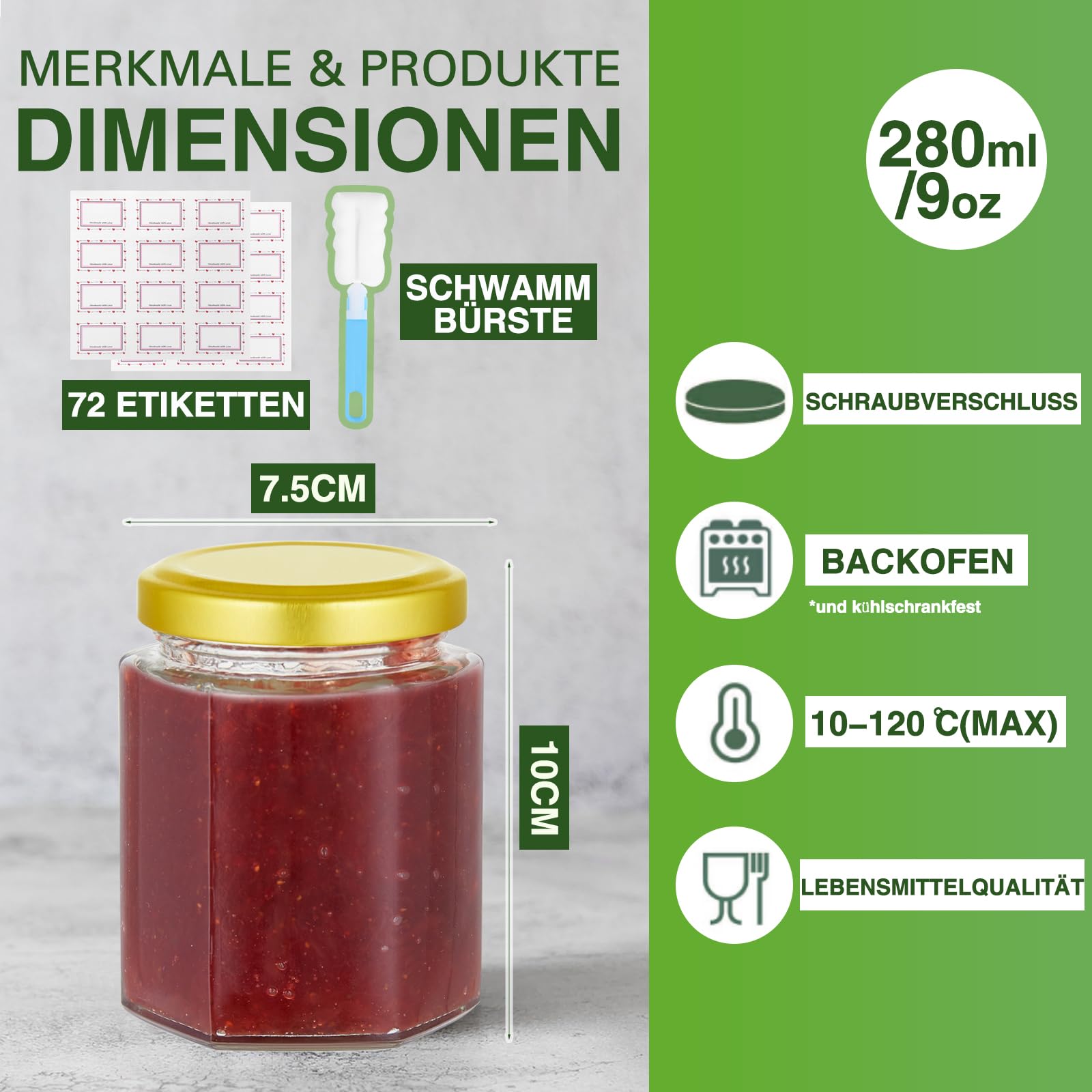 Artist Hand Juego de 72 tarros de cristal de 280 ml con tapa de rosca dorada, tarros hexagonales para mermelada, miel, jalea, chutney, pesto y especias