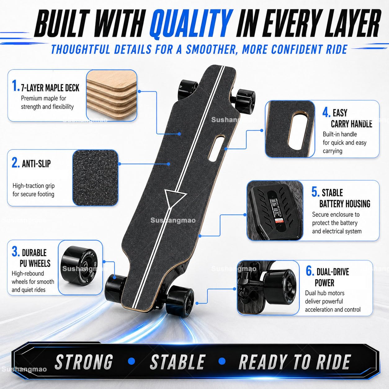 Skateboard Elettrico, Longboard Elettrico Con Telecomando Led Migliorato – Velocità Massima 25 O 50 Km/H, Controllo A 4 Velocità, Capacità 330 Lbs, Per Adulti E Adolescenti Single-Drive-15km