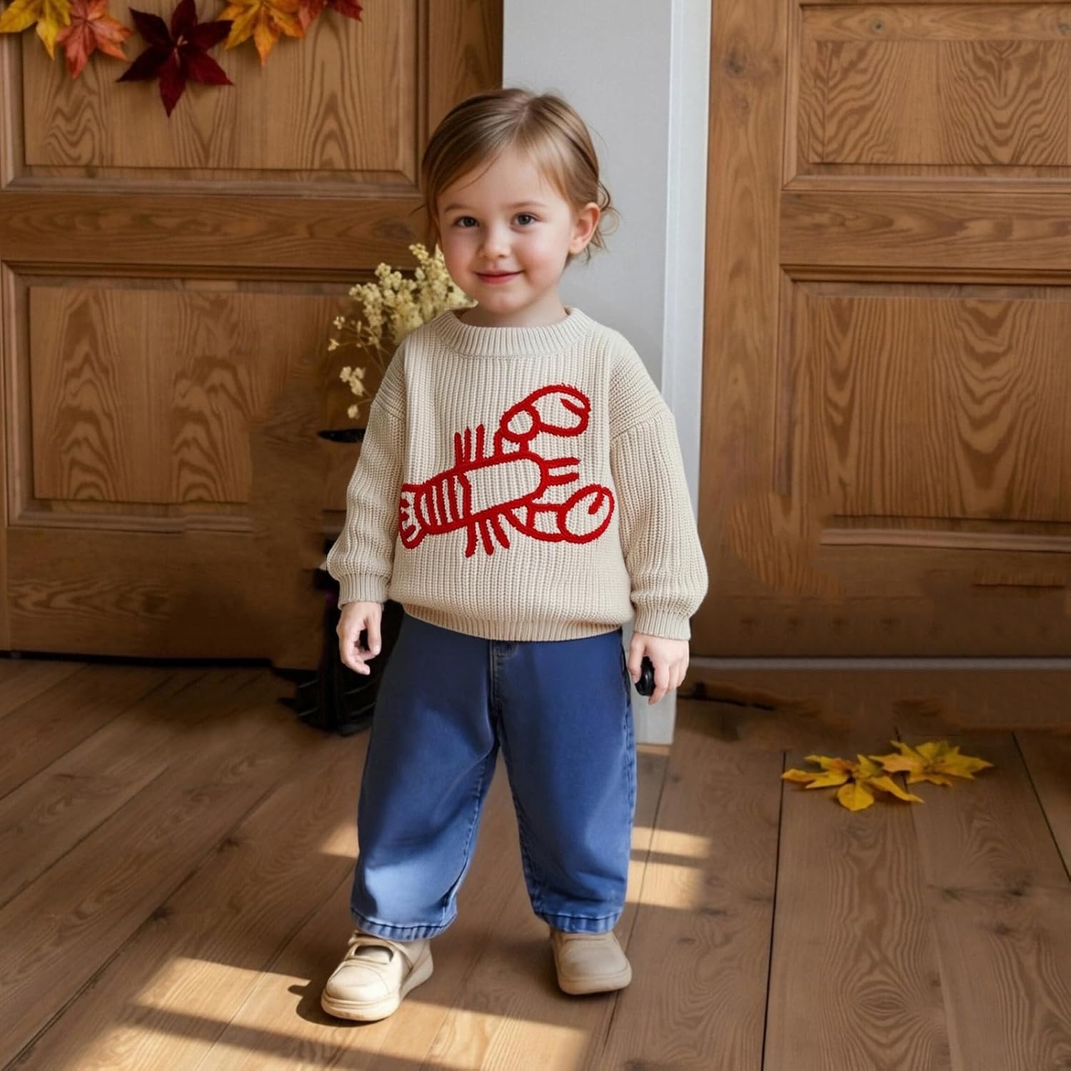 Toddler Boy Girl Lobster Sweaters Long Sleeve Winter Warm Embroidery Knit Pullover Tops Infant Baby Fall Clothes
